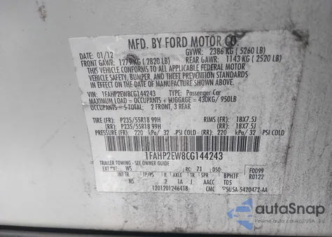2012 Ford Taurus Sel z USA, uszkodzony, nr VIN 1FAHP2EW8CG144243